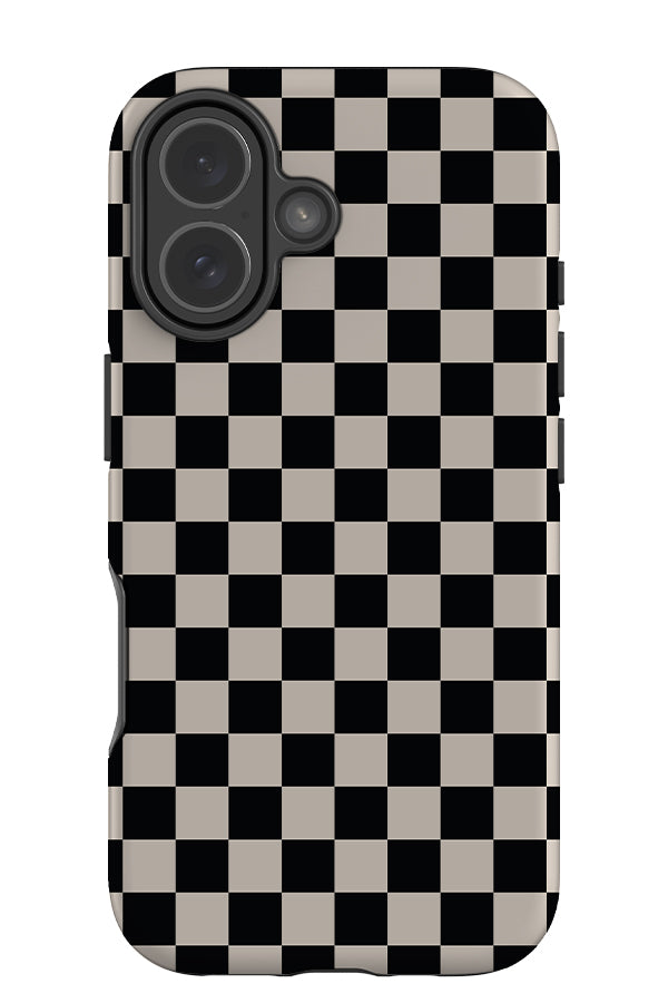 quiet micro check tough phone case with checkered pattern in black and beige