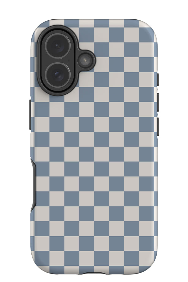 quiet micro check tough phone case with checkered pattern in blue and white