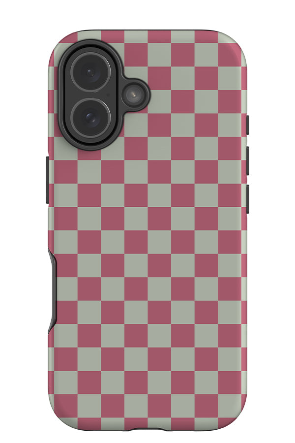 quiet micro check tough phone case with checkered pattern in pale sage and berry pink