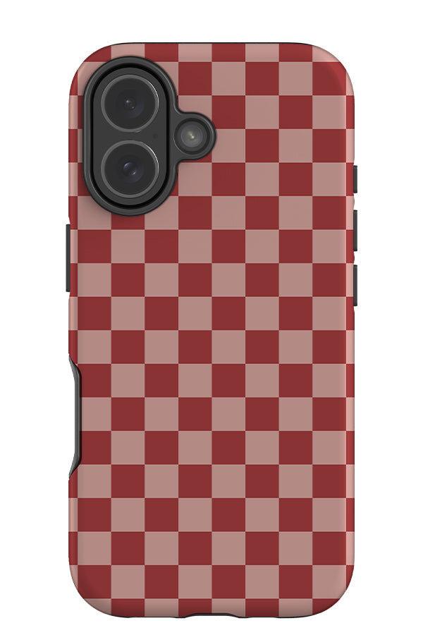 quiet micro check tough phone case with checkered pattern in pink and red colourway