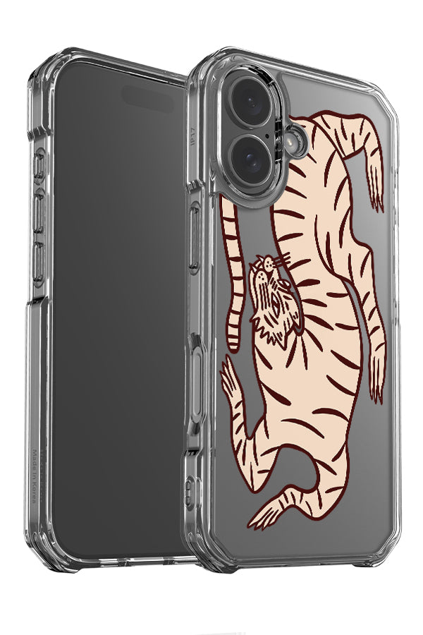 Quiet tiger clear impact phone case angle detail with a bold, abstract tiger illustration in beige
