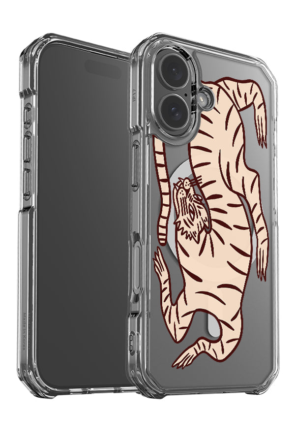 Quiet tiger clear impact MagSafe phone case angle detail with a bold, abstract tiger illustration in beige