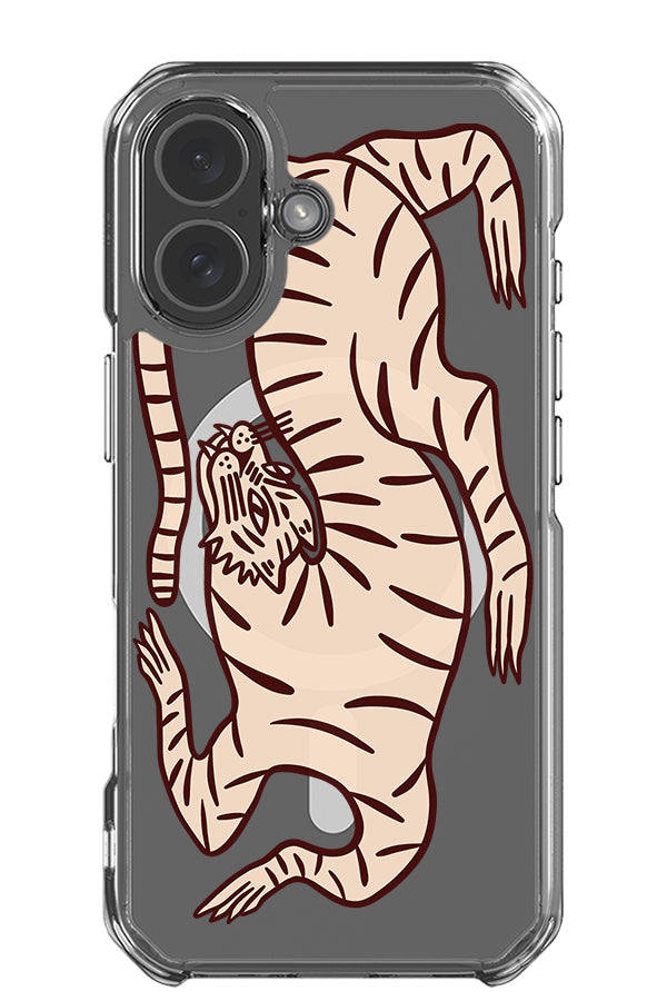 Quiet tiger clear impact MagSafe phone case with a bold, abstract tiger illustration in beige