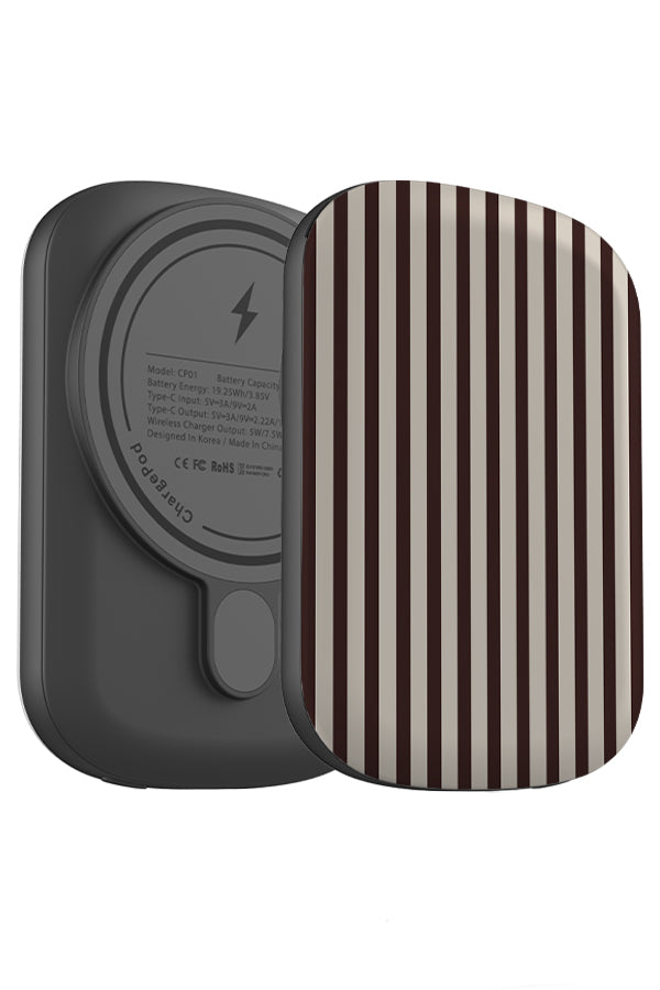 rhythm line stripe MagSafe ChargePod power bank angle view with dark brown and beige vertical stripes