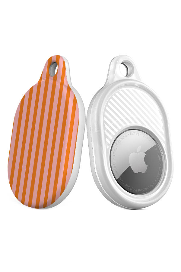 rhythm line stripe AirTag case angle view with orange and pink vertical stripes
