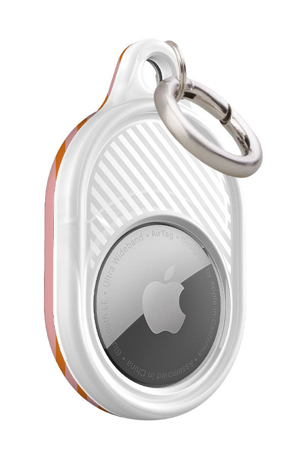 rhythm line stripe AirTag case front view with orange and pink vertical stripes