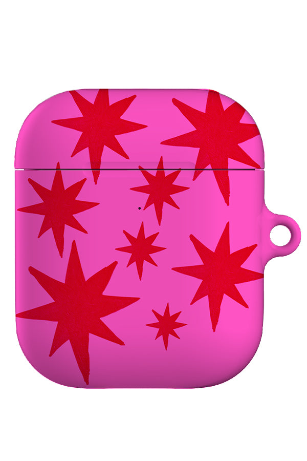 rhythm starburst airpod gen 1 + 2 case with a bright pink base colour and dark pink textured hand drawn stars