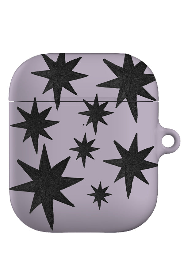 rhythm starburst airpod gen 1 + 2 case with a lilac base colour and black textured hand drawn stars