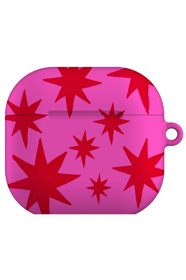 rhythm starburst airpod gen 4 case with a bright pink base colour and dark pink textured hand drawn stars
