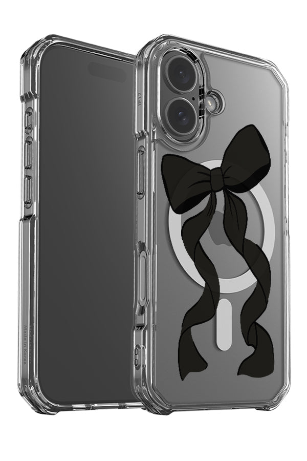 ribbon bow clear magsafe phone case angle detail with a cute black ribbon