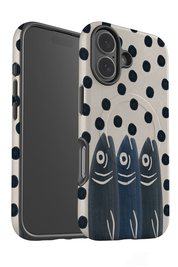 sardine dot parade MagSafe phone case angle view with a polka dot background and blue sardine illustrations