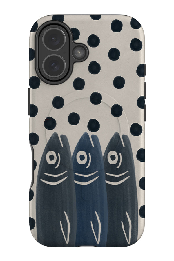 sardine dot parade MagSafe phone case with a polka dot background and blue sardine illustrations