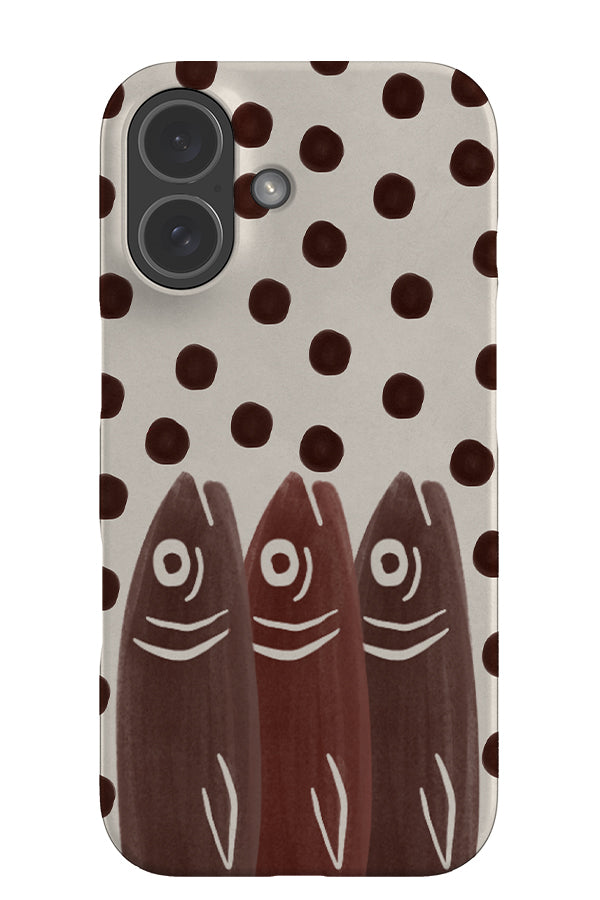 sardine dot parade snap phone case with a polka dot background and brown sardine illustrations