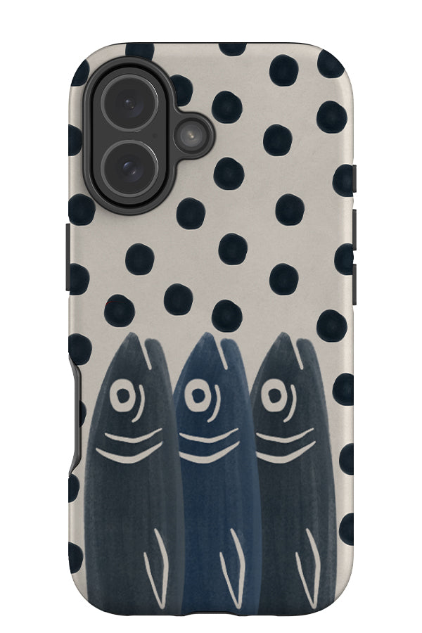 sardine dot parade tough phone case with a polka dot background and blue sardine illustrations