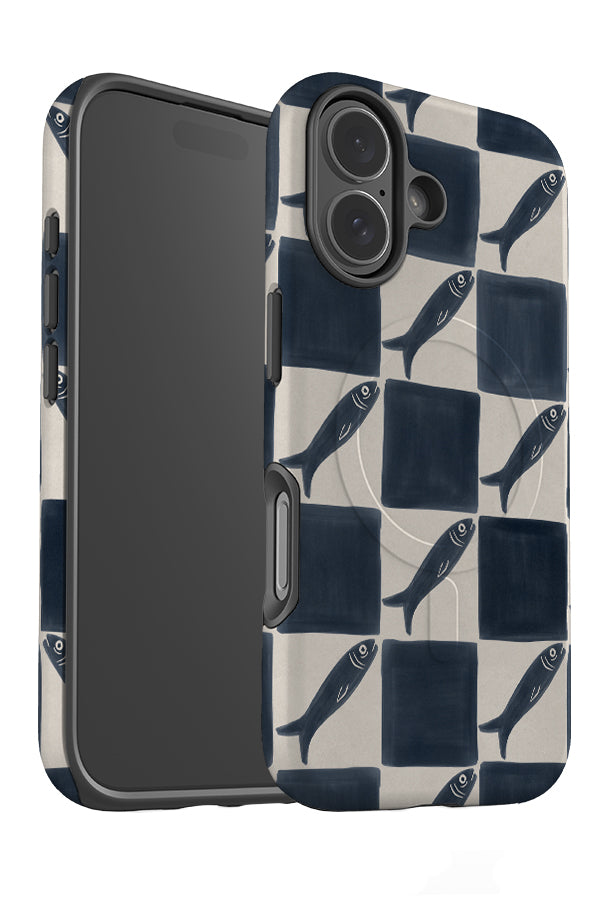 sardine marker check MagSafe phone case angle view with a blue and beige check pattern with bold sardine illustrations