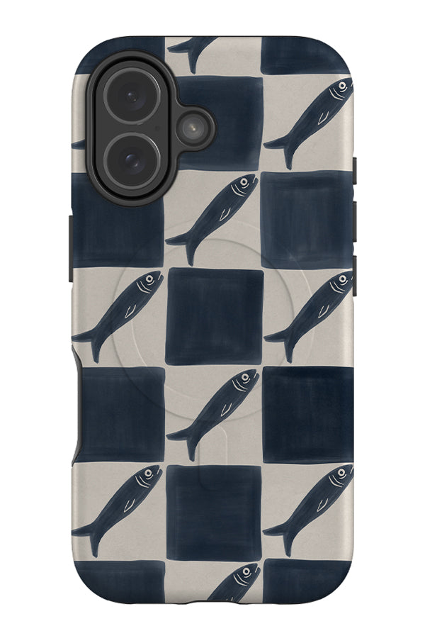sardine marker check MagSafe phone case with a blue and beige check pattern with bold sardine illustrations