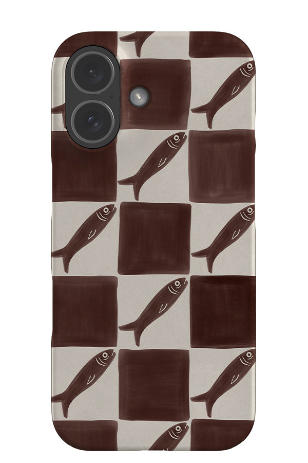 sardine marker check snap phone case with a brown and beige check pattern with bold sardine illustrations