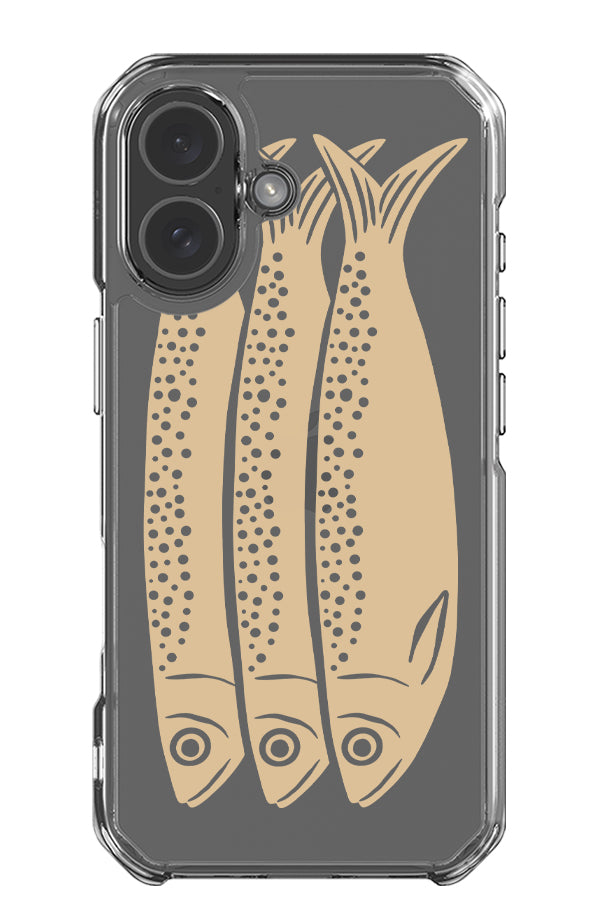 sardines clear impact phone case with a bold illustration of three sardines in beige