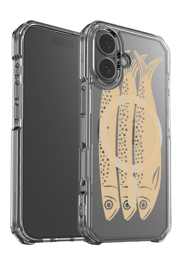 sardines clear impact MagSafe phone case angle detail with a bold illustration of three sardines in beige