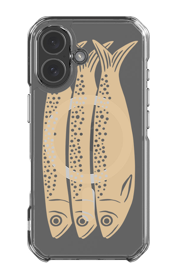 sardines clear impact MagSafe phone case with a bold illustration of three sardines in beige