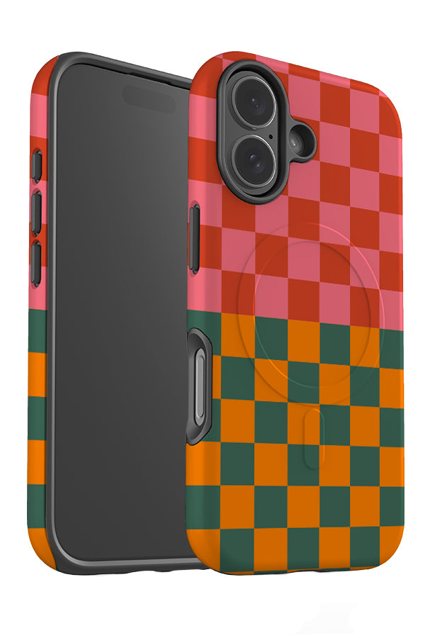Shifted check MagSafe phone case angle detail with colour blocking checks in pink, red, green and orange