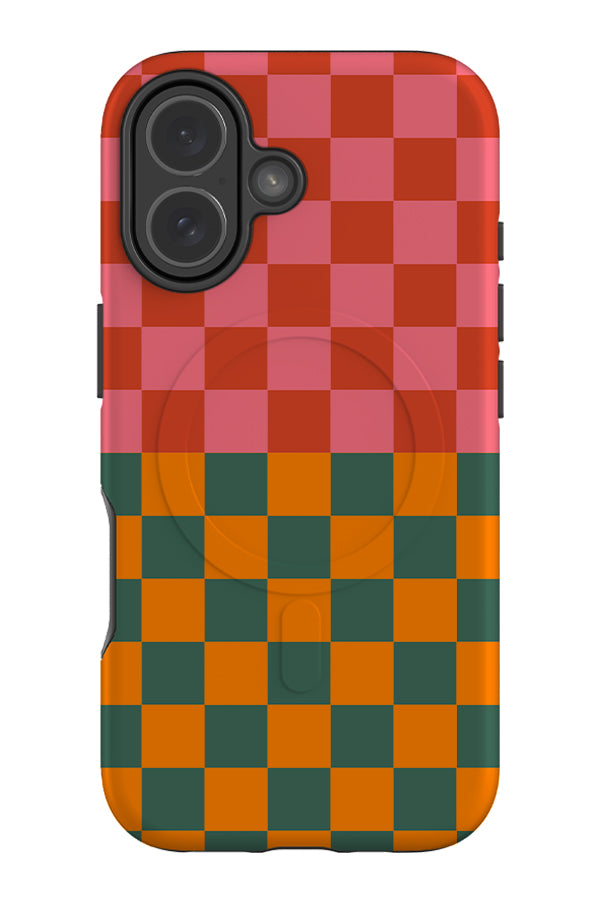 Shifted check MagSafe phone case with colour blocking checks in pink, red, green and orange