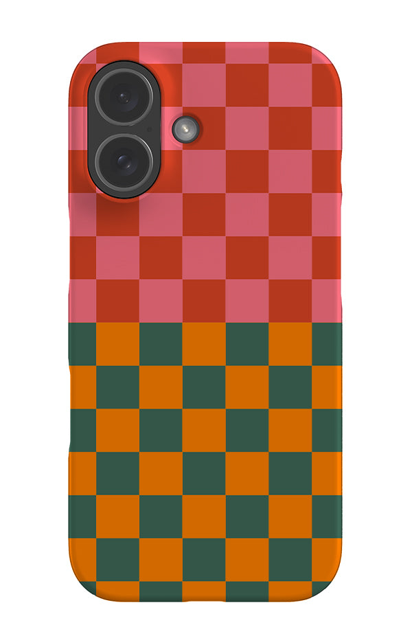 Shifted check snap phone case with colour blocking checks in pink, red, green and orange