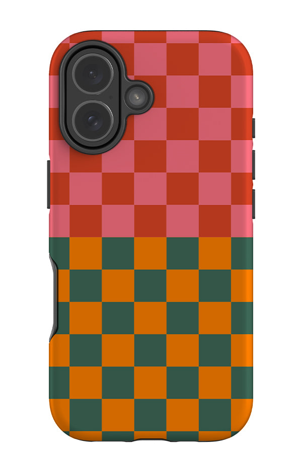 Shifted check tough phone case with colour blocking checks in pink, red, green and orange