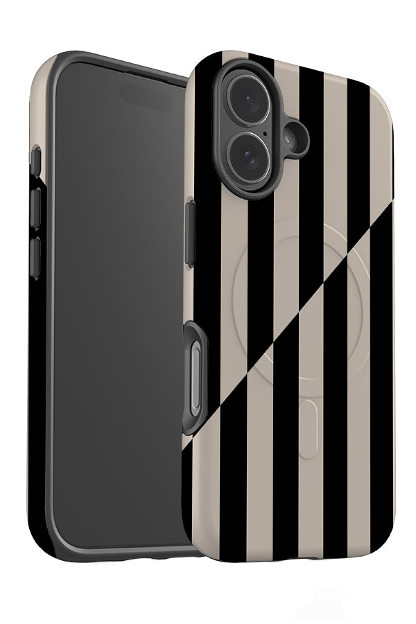 Shifted Line stripe MagSafe phone case angle detail with a diagonal, shifted linear pattern in black and beige