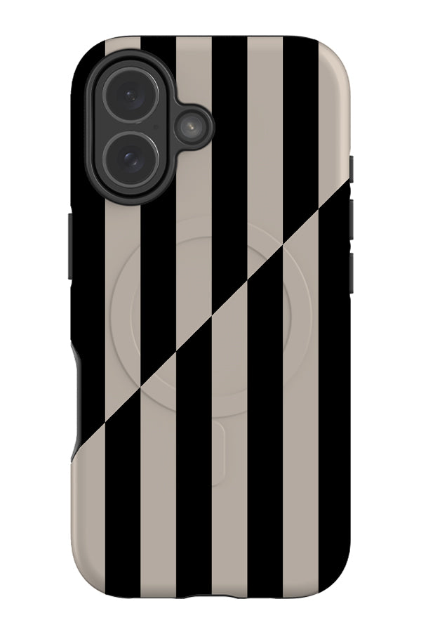 Shifted Line stripe MagSafe phone case with a diagonal, shifted linear pattern in black and beige