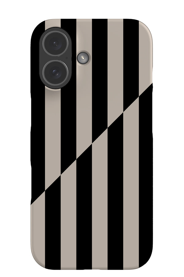 Shifted Line stripe snap phone case with a diagonal, shifted linear pattern in black and beige