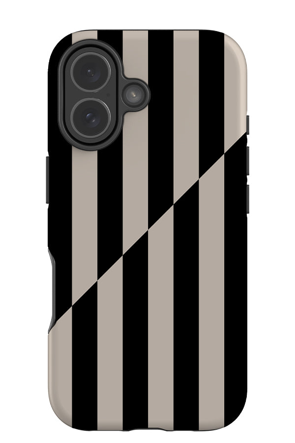Shifted Line stripe tough phone case with a diagonal, shifted linear pattern in black and beige