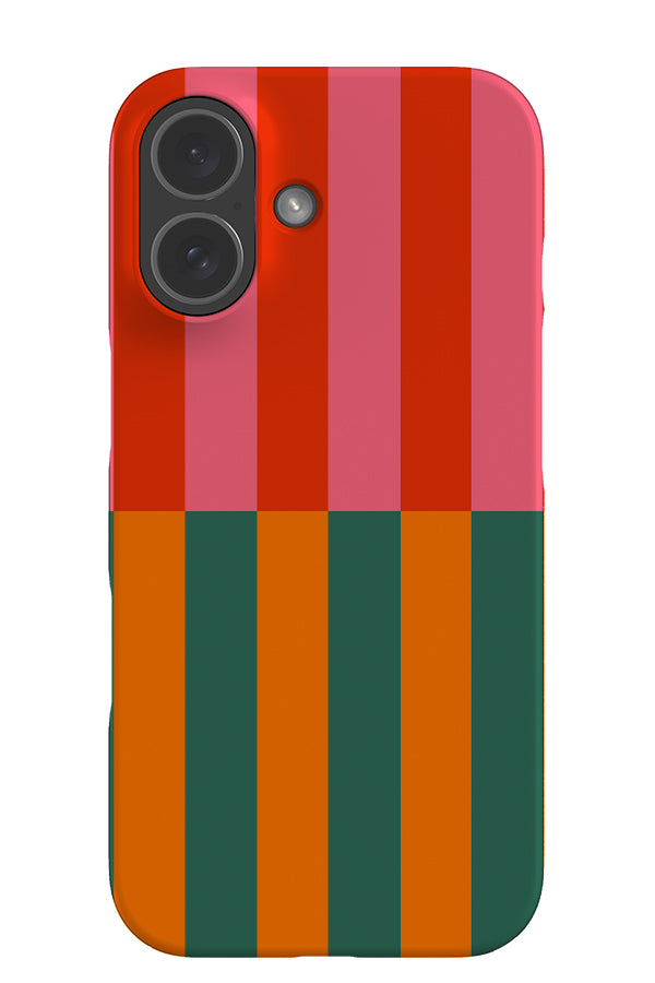 Shifted stripe snap phone case with a linear pattern with pink, red, green and orange