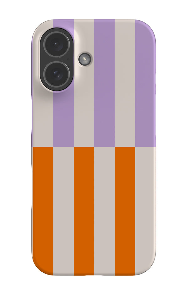 Shifted stripe snap phone case with a linear pattern with white, lilac and orange