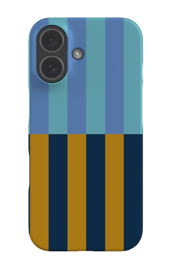 Shifted stripe snap phone case with a linear pattern with light blue, dark blue and yellow