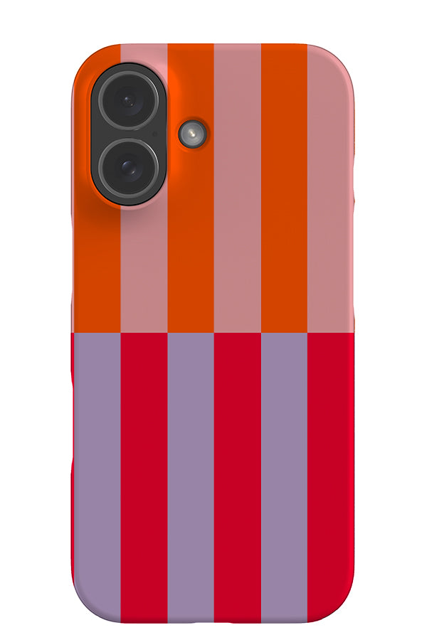 Shifted stripe snap phone case with a linear pattern with pink, orange, lilac and red