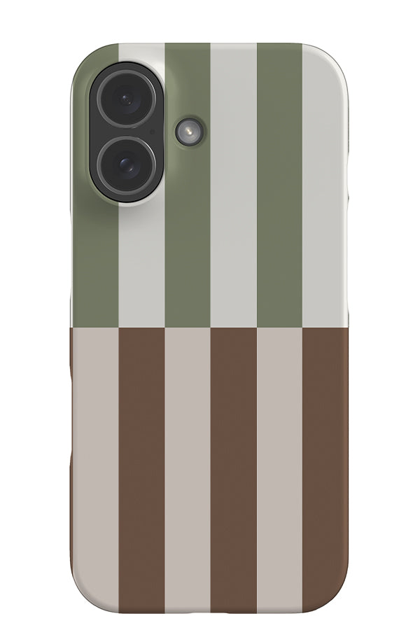 Shifted stripe snap phone case with a linear pattern with white, green, beige and brown
