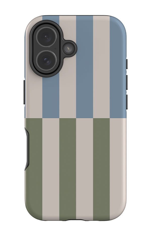 Shifted stripe tough phone case with a linear pattern with beige, blue and green