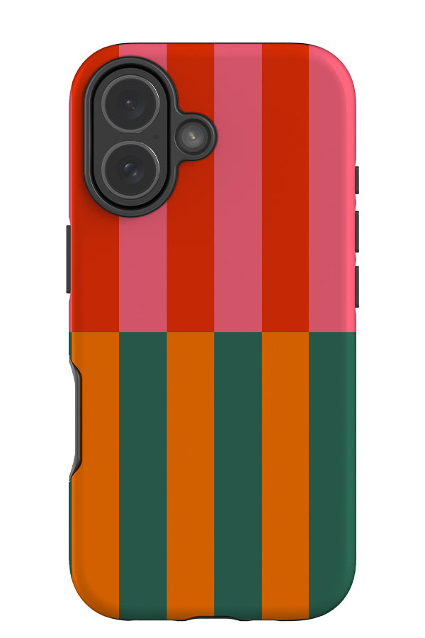 Shifted stripe tough phone case with a linear pattern with pink, red, green and orange
