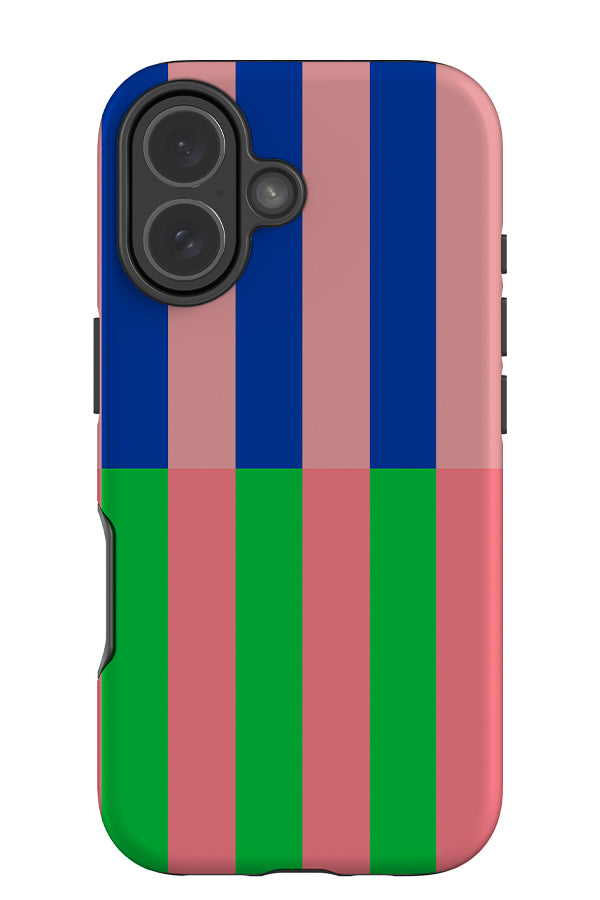 Shifted stripe tough phone case with a linear pattern with pink, blue and green 