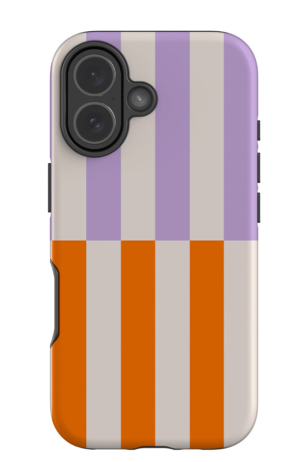 Shifted stripe tough phone case with a linear pattern with white, lilac and orange