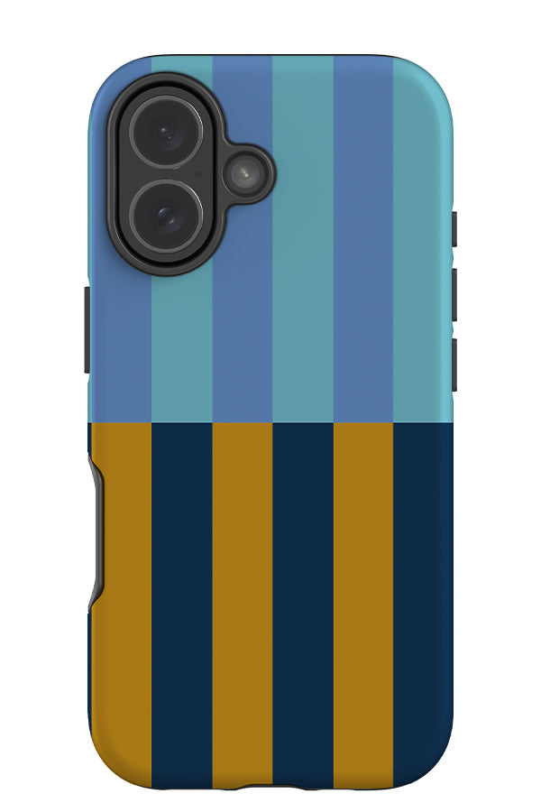 Shifted stripe tough phone case with a linear pattern with light blue, dark blue and yellow
