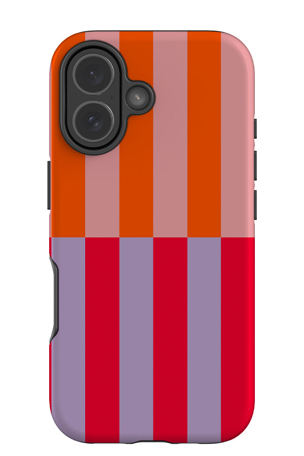 Shifted stripe tough phone case with a linear pattern with pink, orange, lilac and red