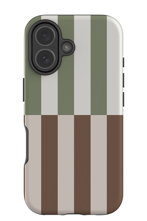 Shifted stripe tough phone case with a linear pattern with white, green, beige and brown