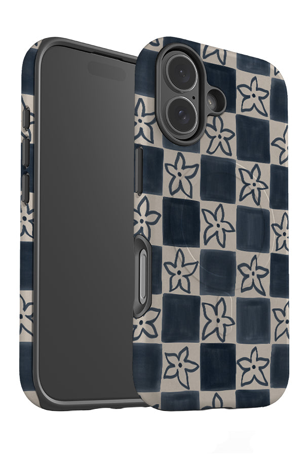 Small flower check MagSafe phone case angle detail with hand painted blue checks with flowers