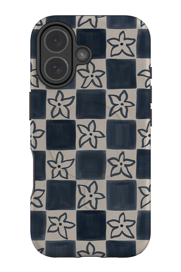 Small flower check MagSafe phone case with hand painted blue checks with flowers