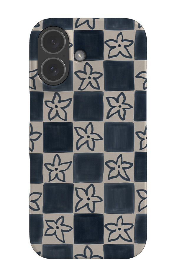 Small flower check snap phone case with hand drawn blue and beige checks with flowers 