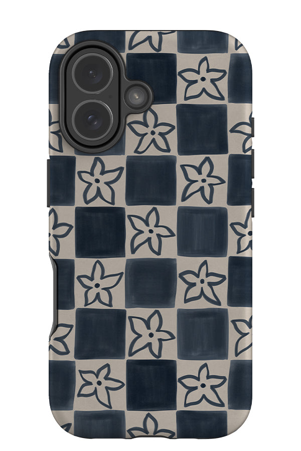 Small flower check tough phone case with hand drawn blue and beige checks with flowers 