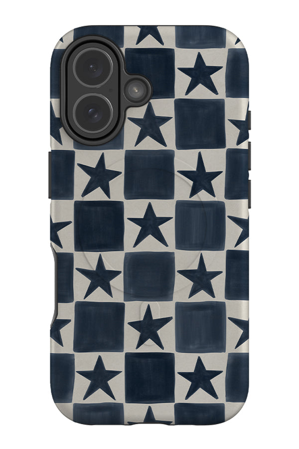 Small star check MagSafe phone case with hand painted checks and stars in blue and white