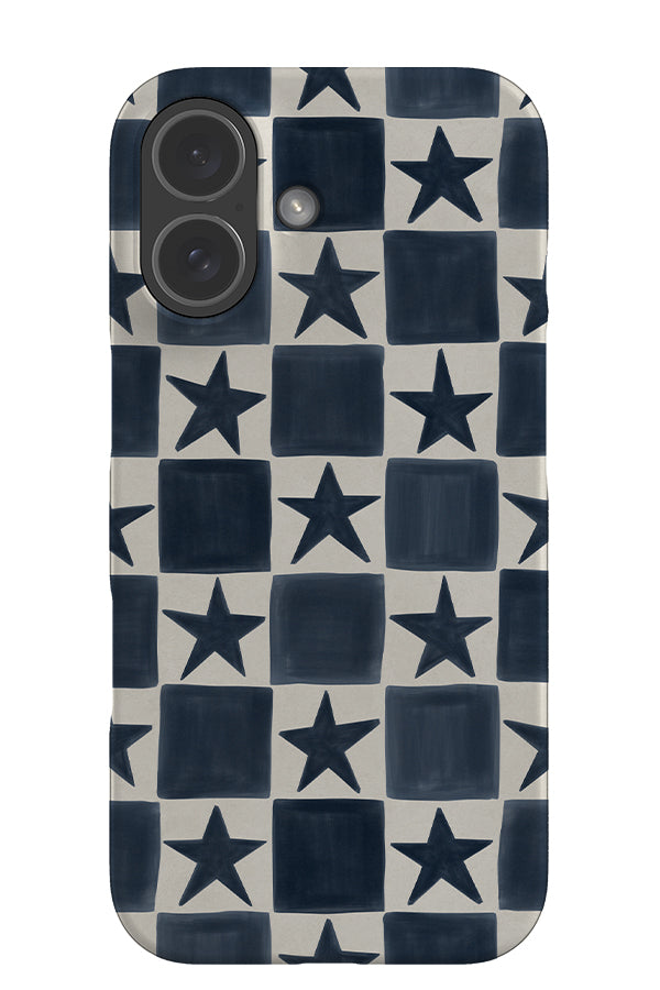 Small star check snap phone case with hand painted blue and white checks and stars